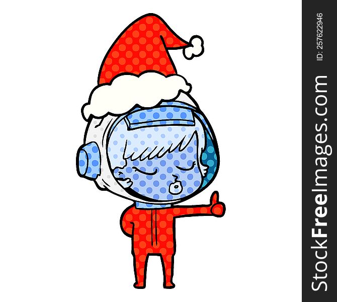 Comic Book Style Illustration Of A Pretty Astronaut Girl Giving Thumbs Up Wearing Santa Hat