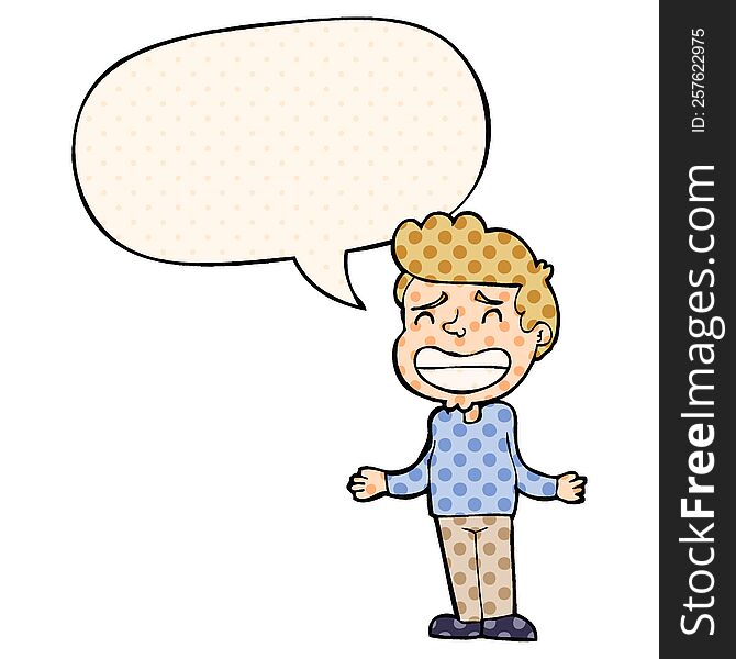 cartoon boy shrugging with speech bubble in comic book style