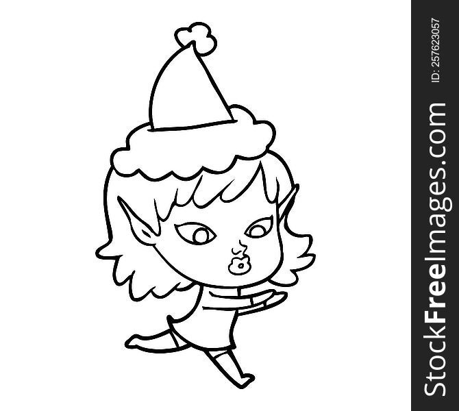 pretty hand drawn line drawing of a elf girl wearing santa hat. pretty hand drawn line drawing of a elf girl wearing santa hat