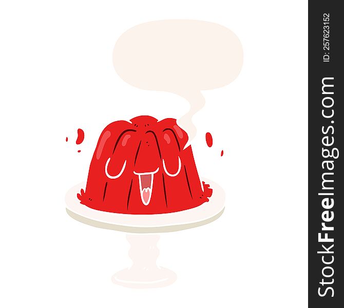 cartoon jelly on plate wobbling with speech bubble in retro style