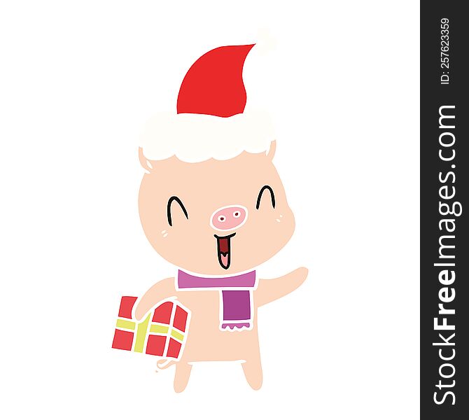 happy hand drawn flat color illustration of a pig with xmas present wearing santa hat