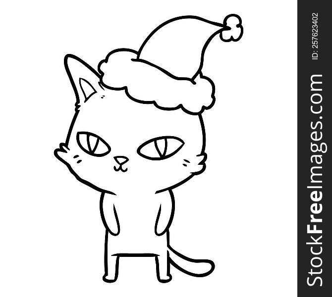 Line Drawing Of A Cat With Bright Eyes Wearing Santa Hat