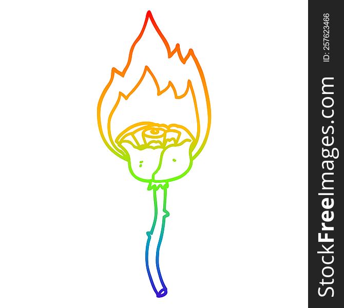 rainbow gradient line drawing of a cartoon flaming rose