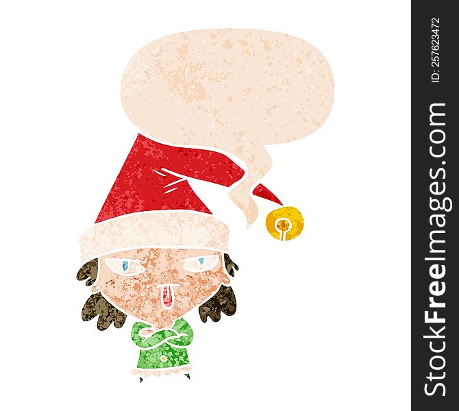 Cartoon Girl Wearing Christmas Hat And Speech Bubble In Retro Textured Style