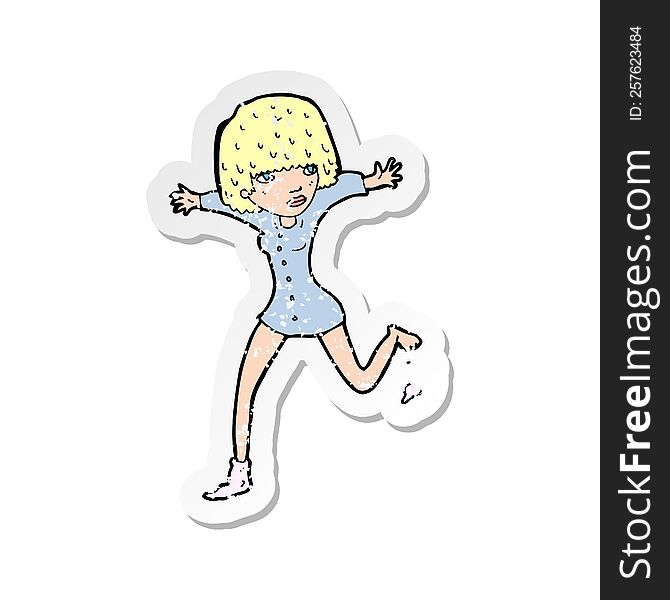 retro distressed sticker of a cartoon woman kicking off sock