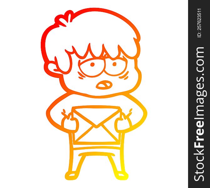 Warm Gradient Line Drawing Cartoon Exhausted Boy With Letter
