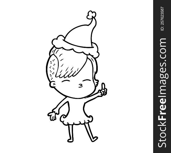 Line Drawing Of A Squinting Girl Wearing Santa Hat