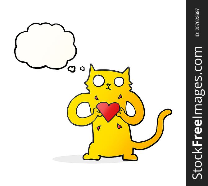 freehand drawn thought bubble cartoon cat with love heart