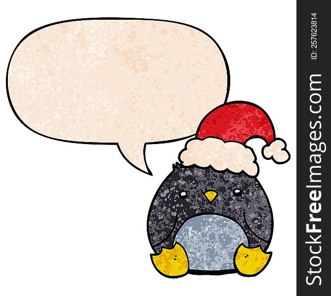 cute cartoon penguin wearing christmas hat with speech bubble in retro texture style