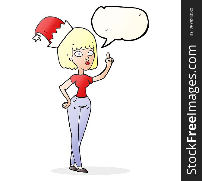 freehand drawn speech bubble cartoon woman wearing christmas hat