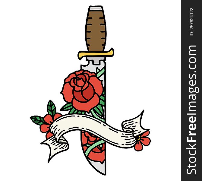 Tattoo With Banner Of A Dagger And Flowers