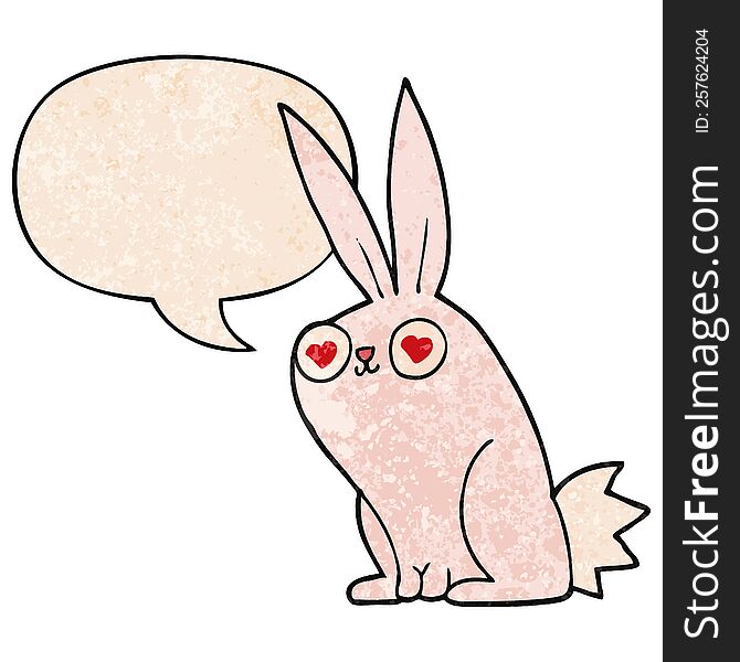 Cartoon Bunny Rabbit In Love And Speech Bubble In Retro Texture Style