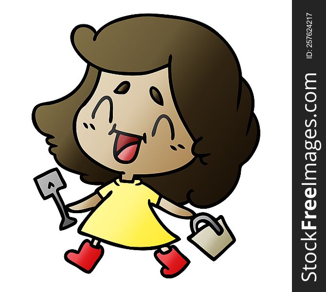 freehand drawn gradient cartoon of cute kawaii girl with bucket and spade