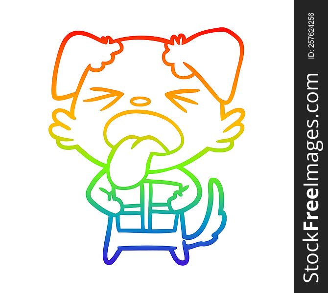 rainbow gradient line drawing of a cartoon dog with christmas present