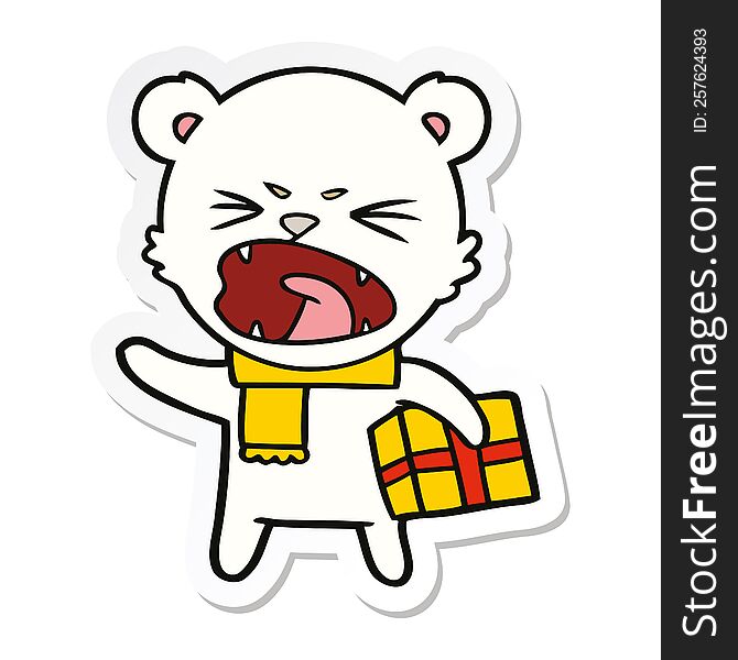 sticker of a angry cartoon polar bear with christmas present