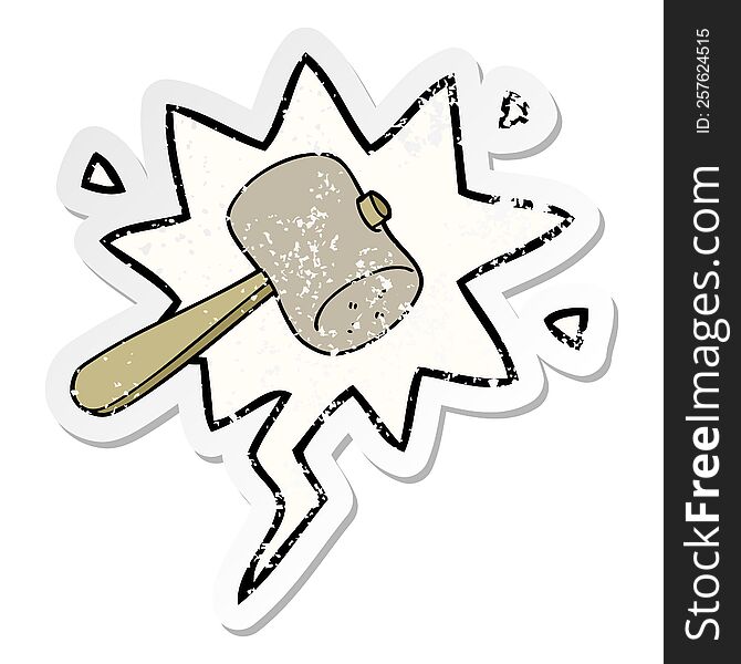 cartoon mallet with speech bubble distressed distressed old sticker. cartoon mallet with speech bubble distressed distressed old sticker