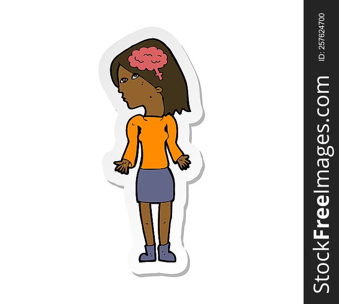 sticker of a cartoon clever woman shrugging shoulders