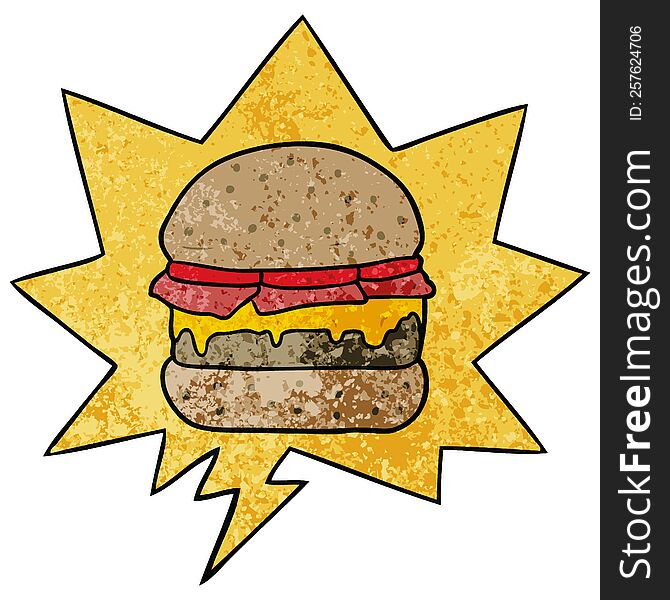 cartoon stacked burger with speech bubble in retro texture style