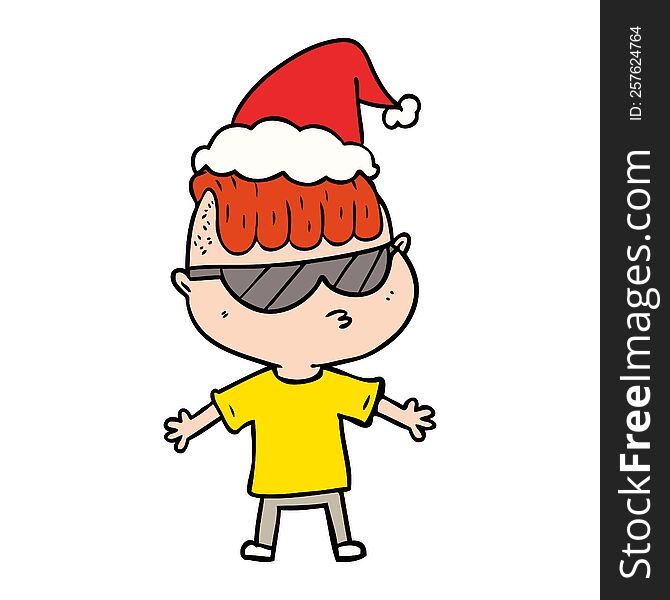 Line Drawing Of A Boy Wearing Sunglasses Wearing Santa Hat