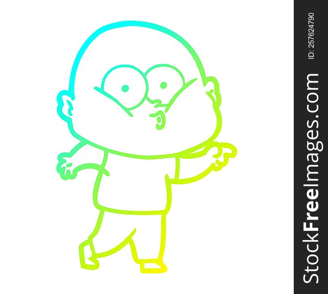 cold gradient line drawing of a cartoon bald man staring