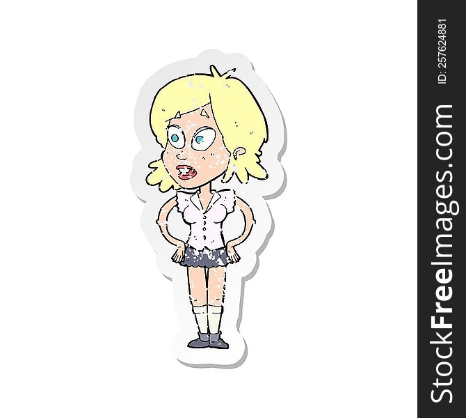 retro distressed sticker of a cartoon woman with hands on hips