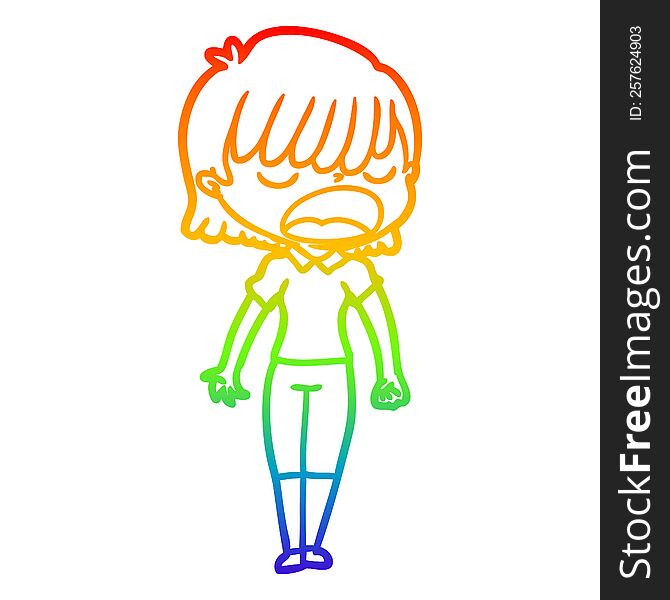 Rainbow Gradient Line Drawing Cartoon Woman Talking Loudly