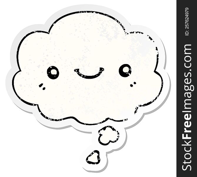 Cartoon Cute Happy Face And Thought Bubble As A Distressed Worn Sticker