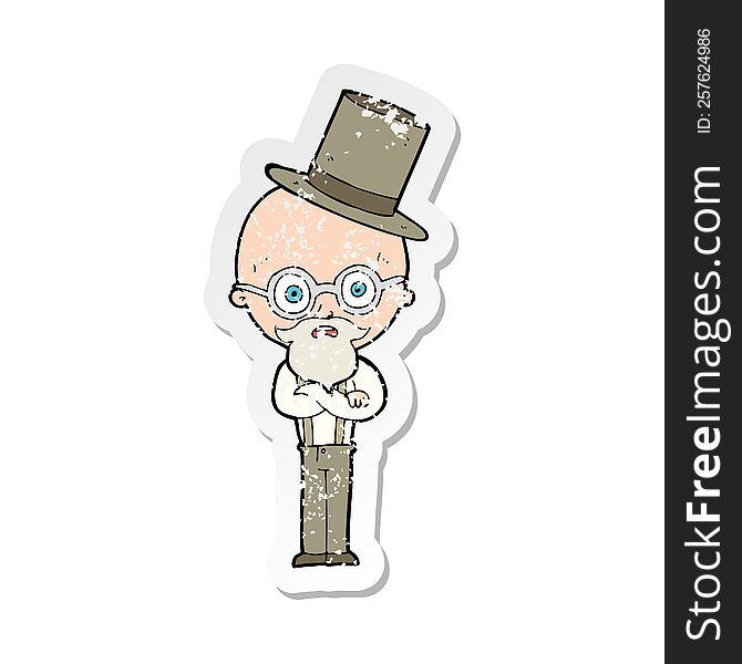 retro distressed sticker of a cartoon old man wearing top hat