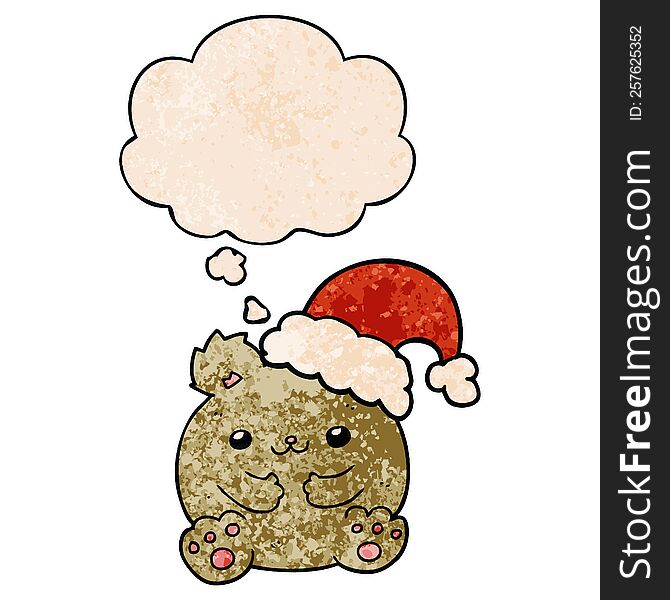 Cute Cartoon Christmas Bear And Thought Bubble In Grunge Texture Pattern Style