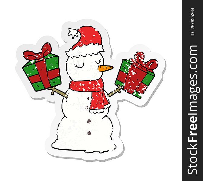 distressed sticker of a cartoon snowman