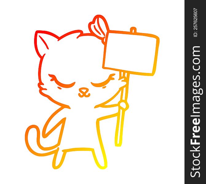 Warm Gradient Line Drawing Cute Cartoon Cat With Sign