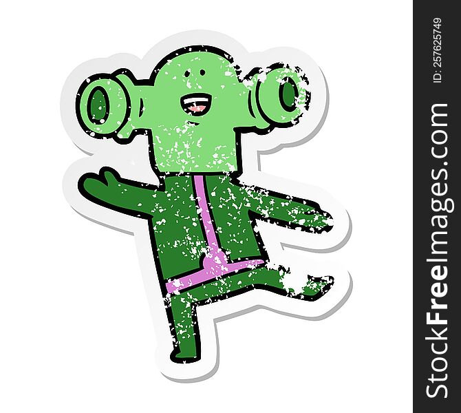 distressed sticker of a friendly cartoon alien