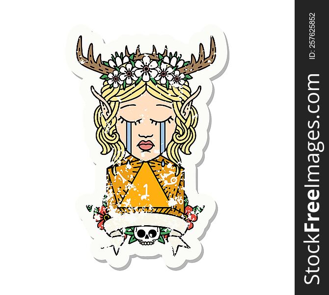 sad elf druid character face with natural one D20 roll grunge sticker