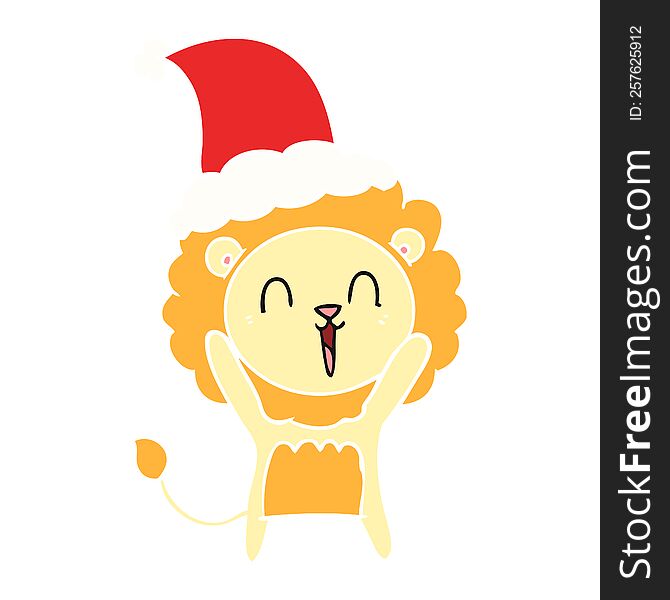 laughing lion hand drawn flat color illustration of a wearing santa hat. laughing lion hand drawn flat color illustration of a wearing santa hat