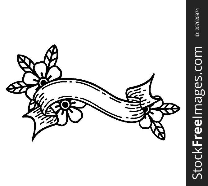 Black Line Tattoo Of A Banner And Flowers