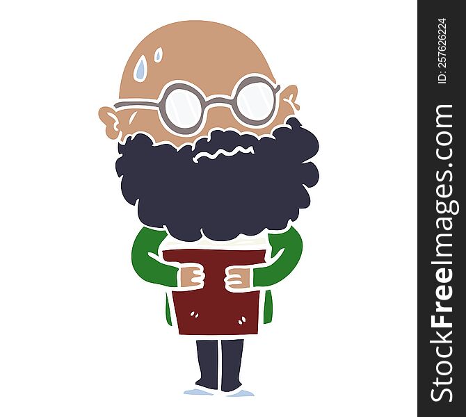 Flat Color Style Cartoon Worried Man With Beard And Spectacles