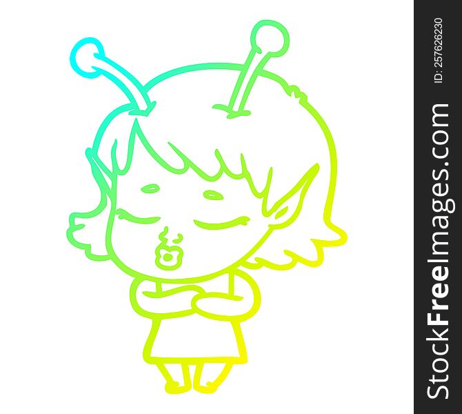 cold gradient line drawing of a cute alien girl cartoon