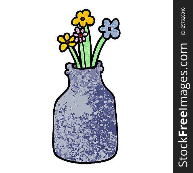 grunge textured illustration cartoon flowers in vase