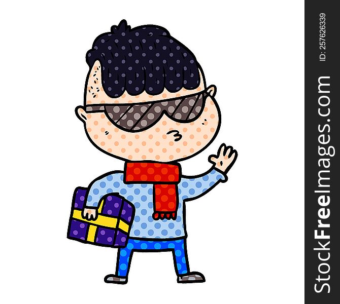 cartoon boy wearing sunglasses carrying xmas gift. cartoon boy wearing sunglasses carrying xmas gift