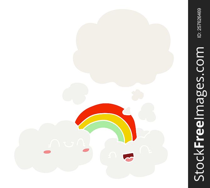 happy cartoon clouds and rainbow with thought bubble in retro style