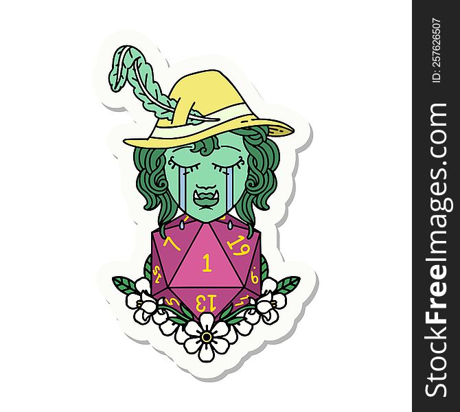 sad half orc bard character with natural one d20 roll sticker