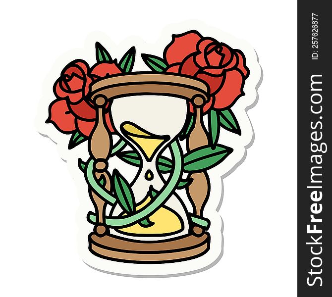 Tattoo Style Sticker Of An Hour Glass And Flowers