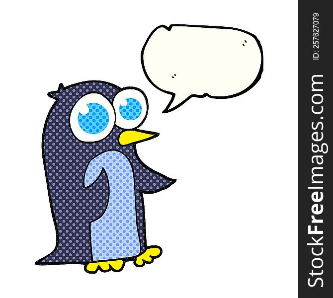 freehand drawn comic book speech bubble cartoon penguin with big eyes