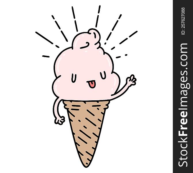 Traditional Tattoo Style Ice Cream Character Waving