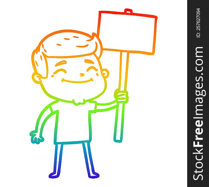 Rainbow Gradient Line Drawing Happy Cartoon Man With Placard