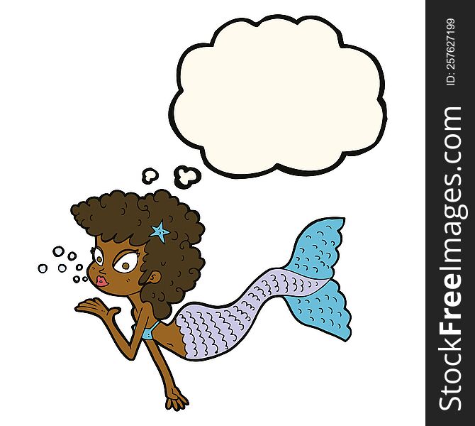 cartoon mermaid blowing kiss with thought bubble