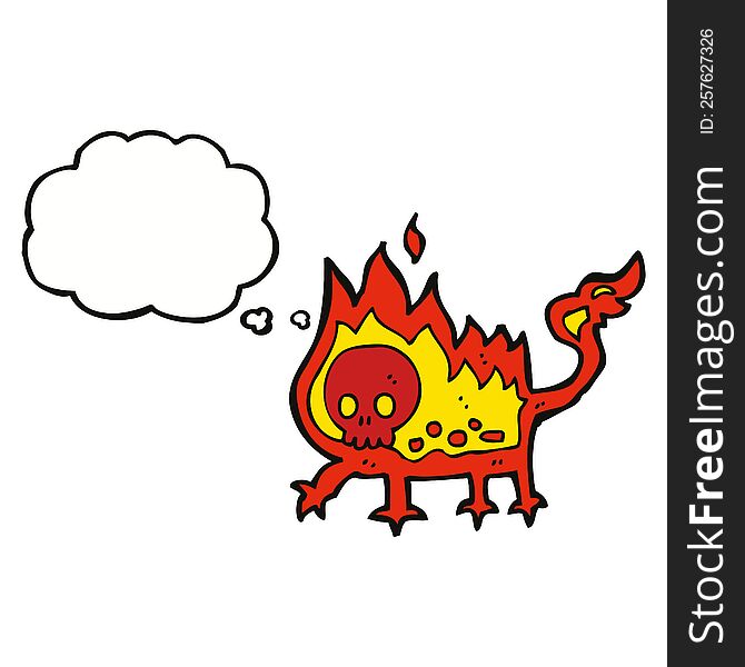 cartoon little fire demon with thought bubble