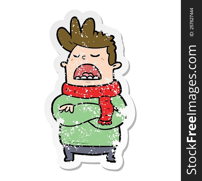 distressed sticker of a cartoon obnoxious man