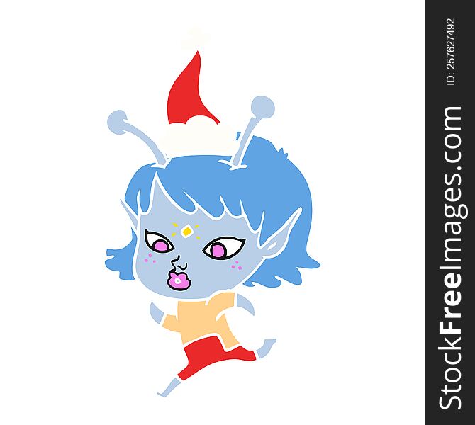 Pretty Flat Color Illustration Of A Alien Girl Running Wearing Santa Hat
