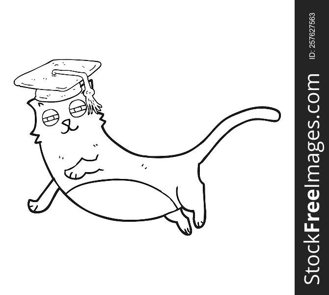 freehand drawn black and white cartoon cat with graduate cap